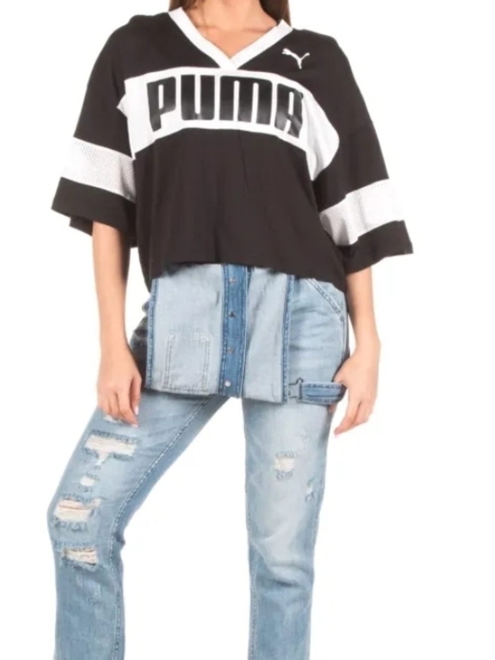 Y2K Puma Cropped Jersey Tee Black White Sporty Streetwear Oversized Boxy Top - Picture 8 of 11